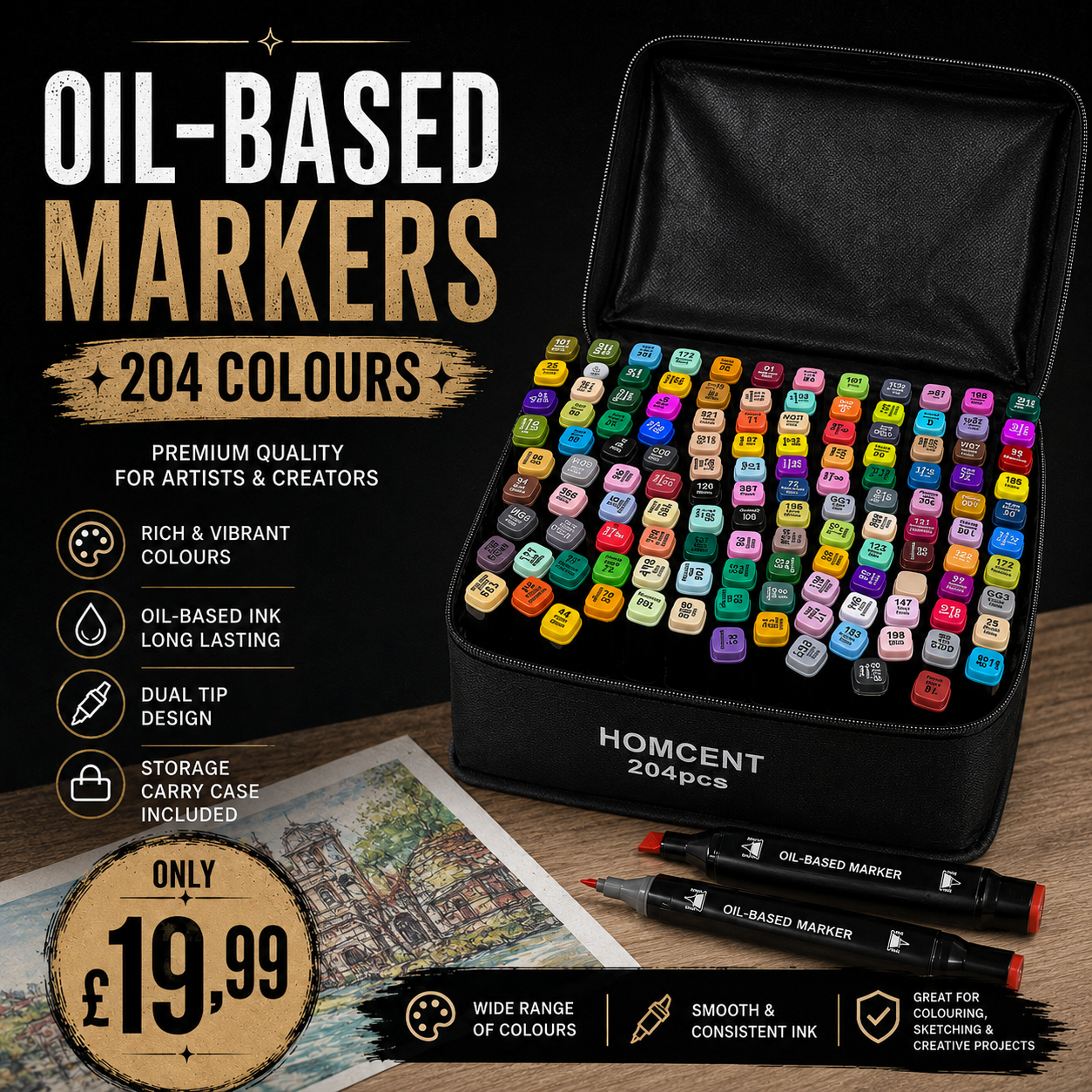 204 Oil-Based Markers Set – 204 Colours + Carry Case