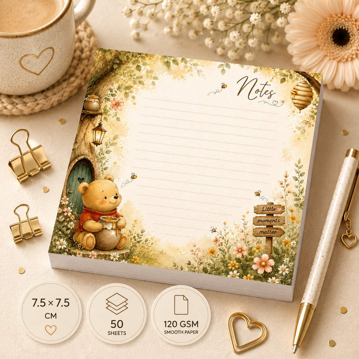 Mini Notepad 7,5 × 7,5 cm – "Honey Bear Dreams"