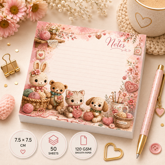 Mini Notepad 7,5 × 7,5 cm – "Cozy Crochet Friends"
