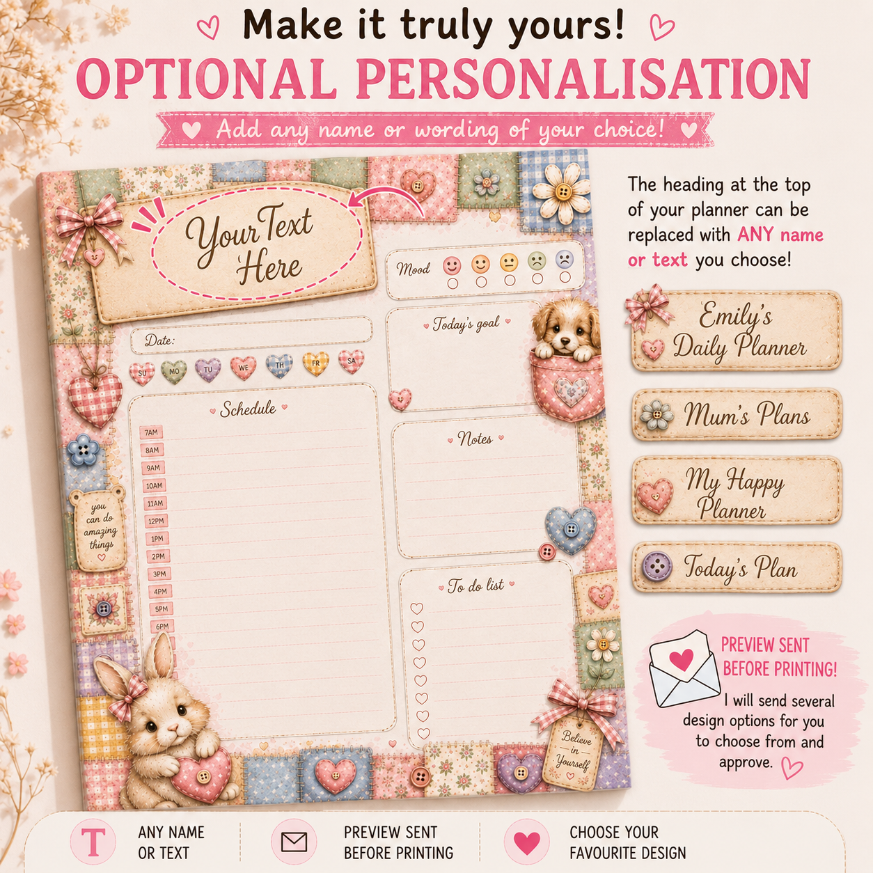 A5 Daily Planner – "Stitched with Love" | Personalisation Available