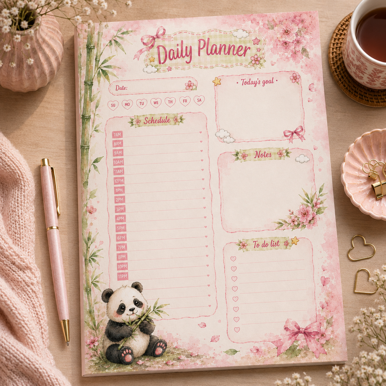 A5 Daily Planner – "Panda Blossom" | Personalisation Available