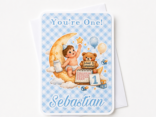 Personalised Boy and a Moon 1st Birthday Card