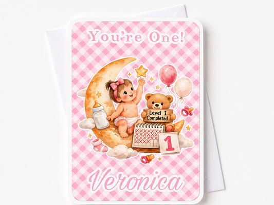 Personalised Girl and a Moon 1st Birthday Card
