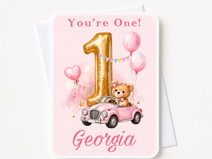 Personalised Girl Bear in a Car 1st Birthday Card