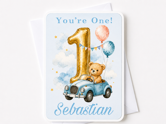Personalised Bear in a Car 1st Birthday Card