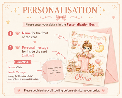 Personalised Girl Teddy Bear 1st Birthday Card