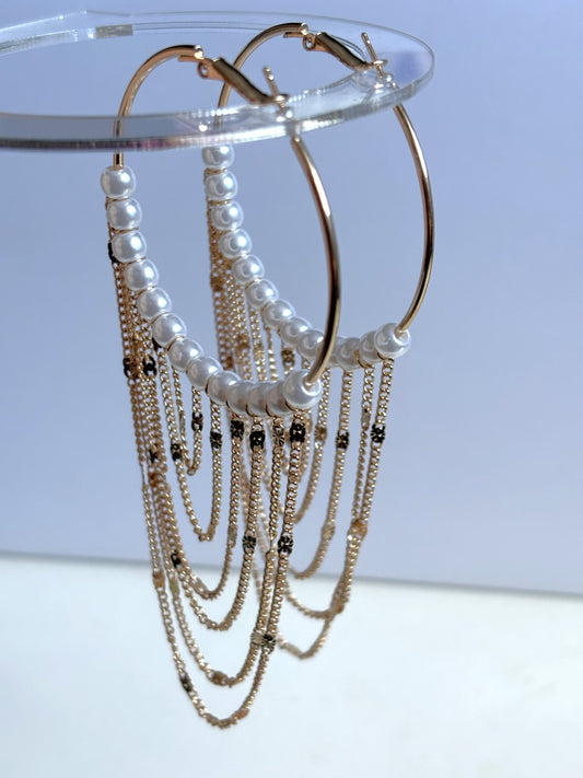 Chain Tassel Pendant Faux Pearl Decor Hoop Earrings Elegant Simple Style