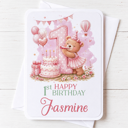 Personalised Girl Teddy Bear 1st Birthday Card
