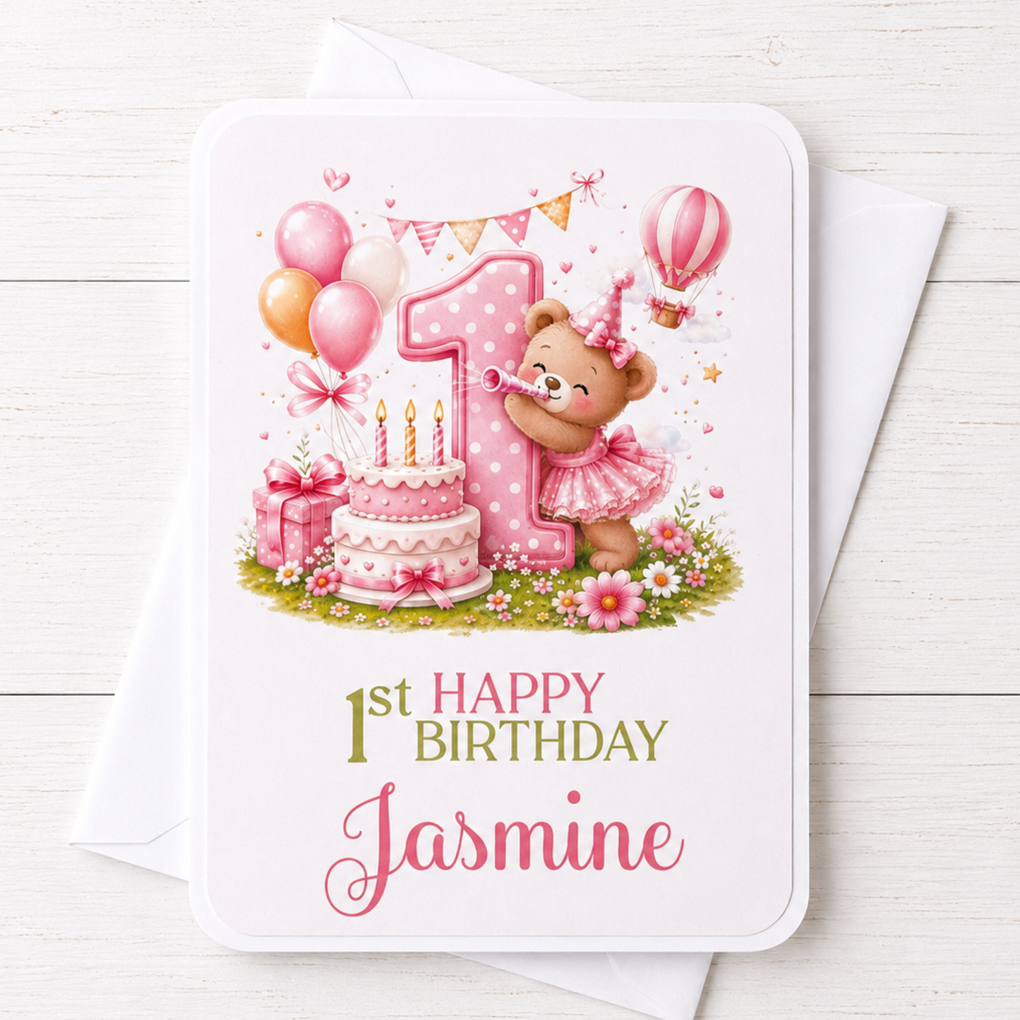 Personalised Girly Bear 1st Birthday Card