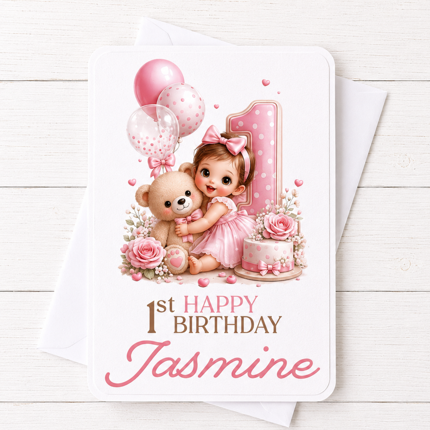 Personalised Girl with a Bear 1st Birthday Card