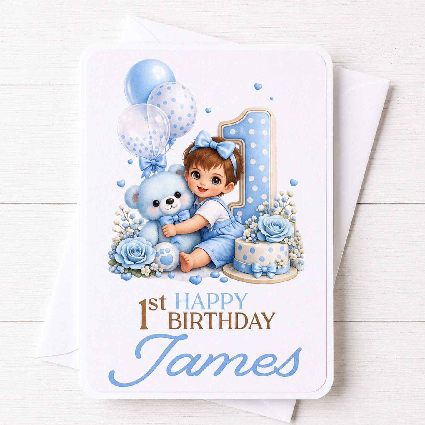 Personalised Baby Boy and Bear 1st Birthday Card