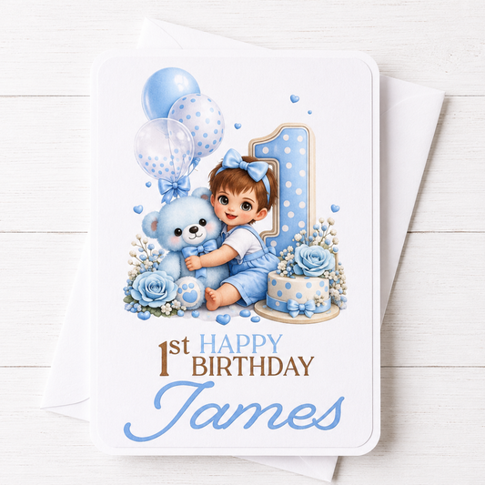 Personalised Baby Boy and Bear 1st Birthday Card